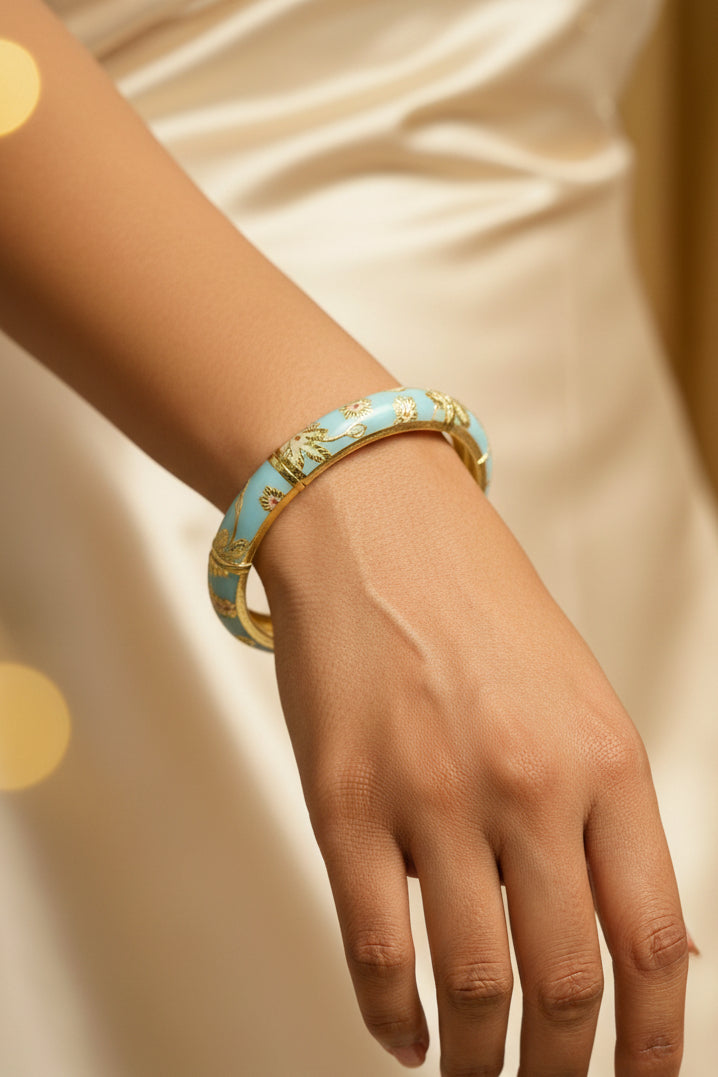 Gold Plated Meenakari Enamel Openable Bracelet-Broad Sky Blue