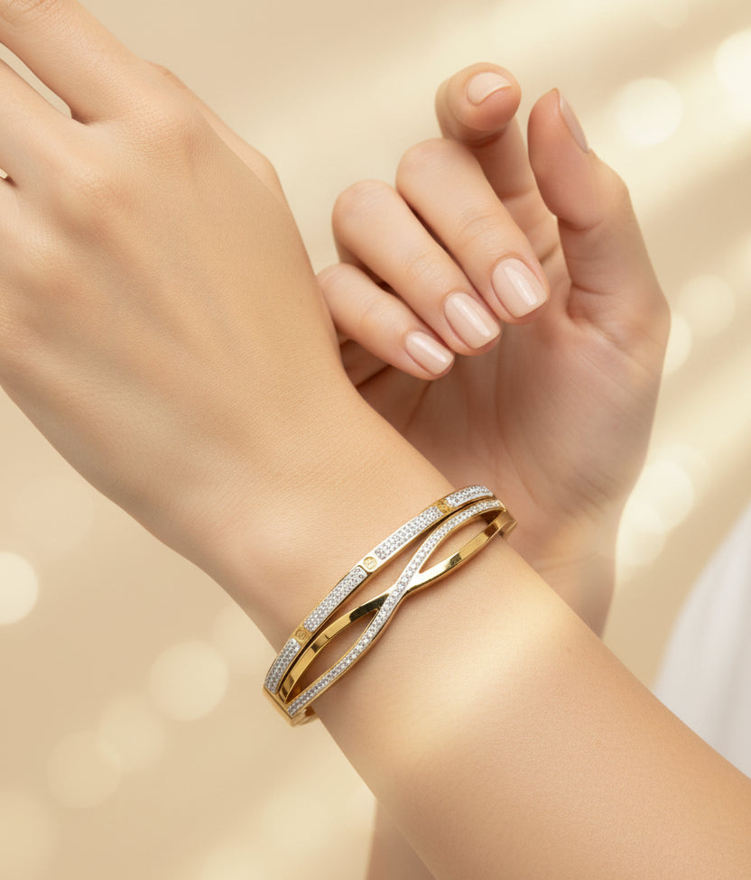 Golden Plated White Stone Roman Number Openable Bracelet