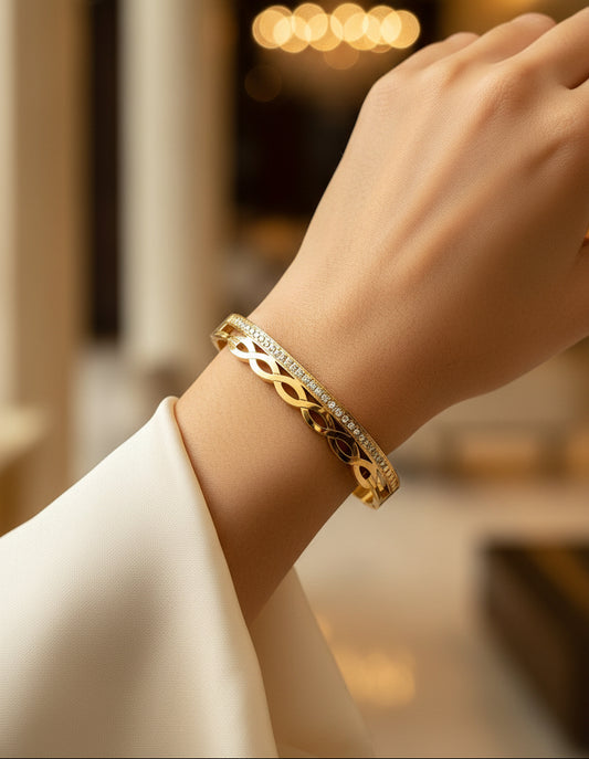 Golden Plate Long loops with Chanel of Stone Openable Bracelet