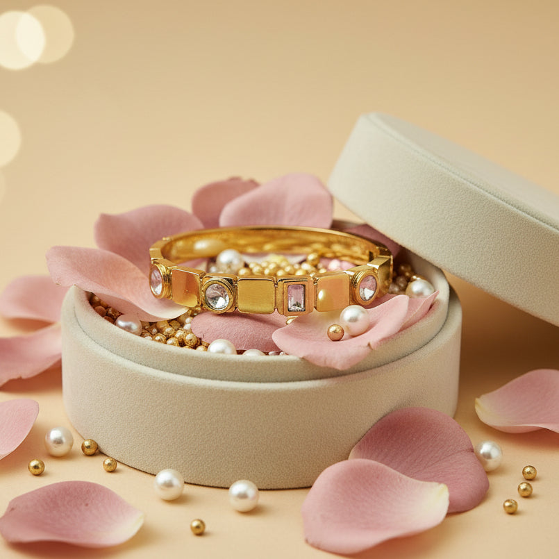 Golden Plated Openable Bracelets with Alternate Square with White Stones