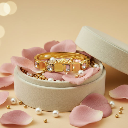 Golden Plated Openable Bracelets with Alternate Square with White Stones
