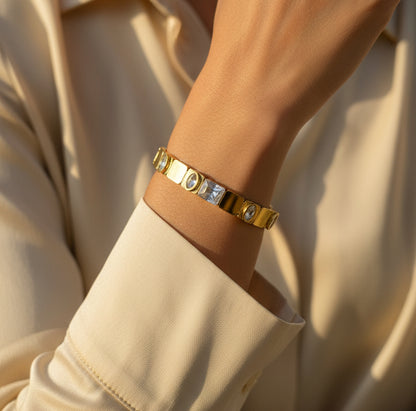 Golden Plated Openable Bracelets with Alternate Square with White Stones