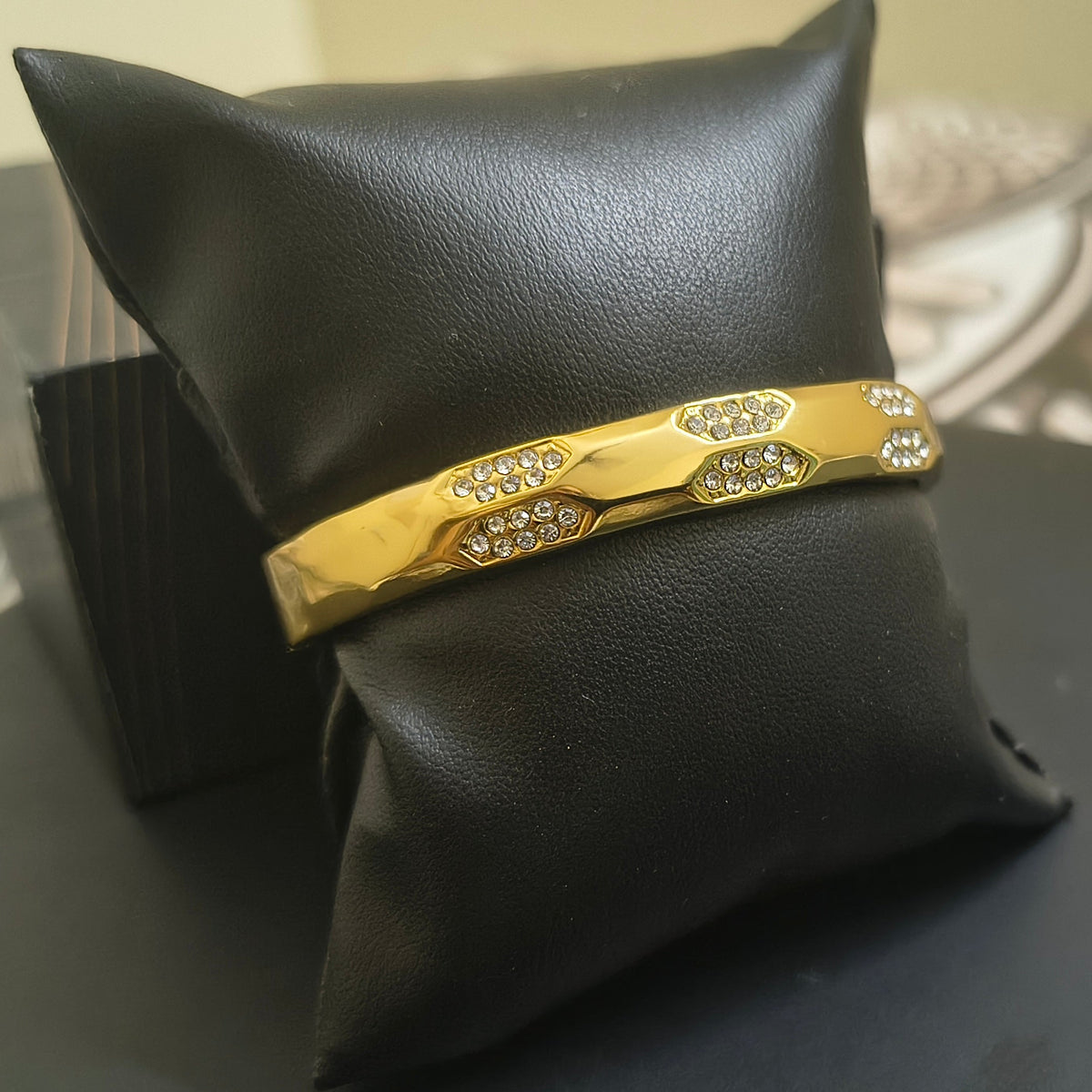 Golden Plated Hexagon Design White Stone Plain Bracelet