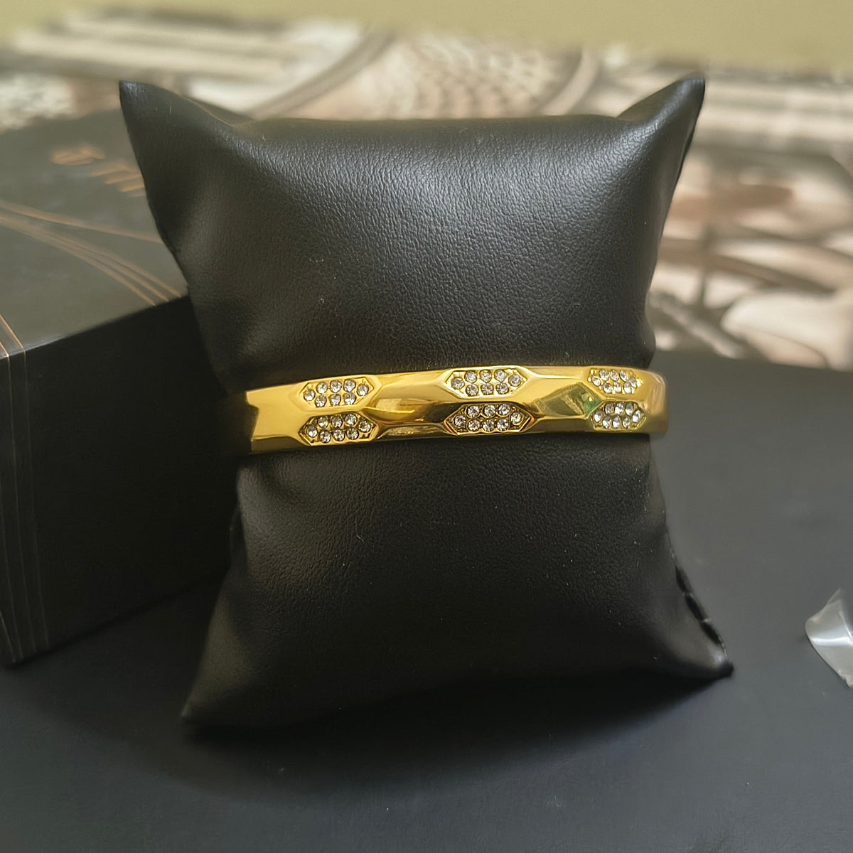 Golden Plated Hexagon Design White Stone Plain Bracelet
