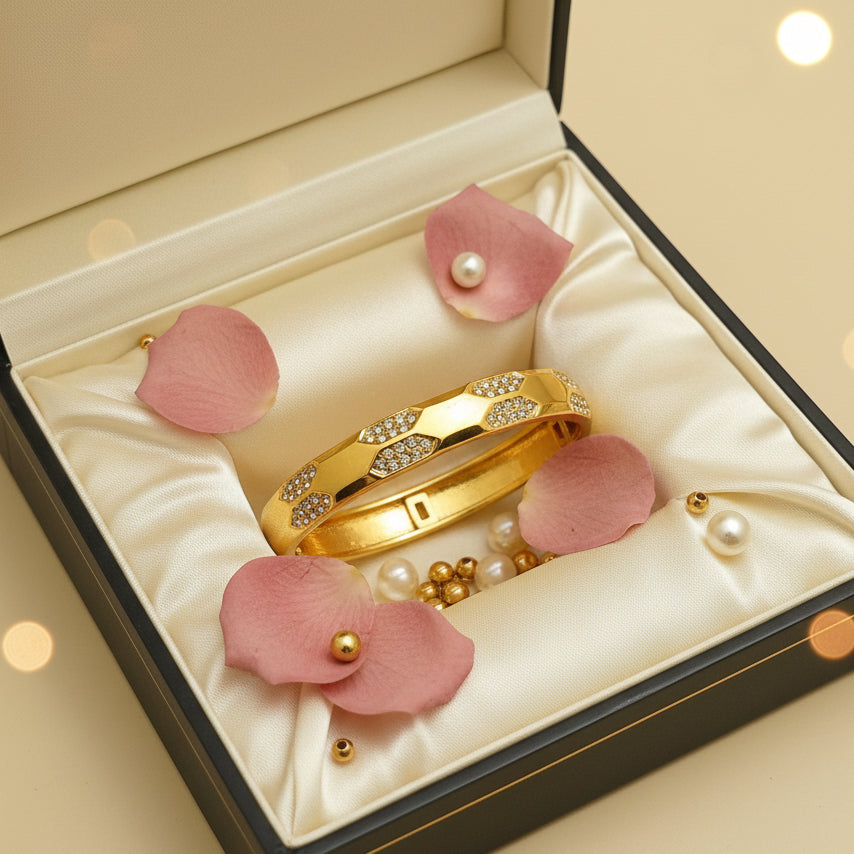 Golden Plated Hexagon Design White Stone Plain Bracelet