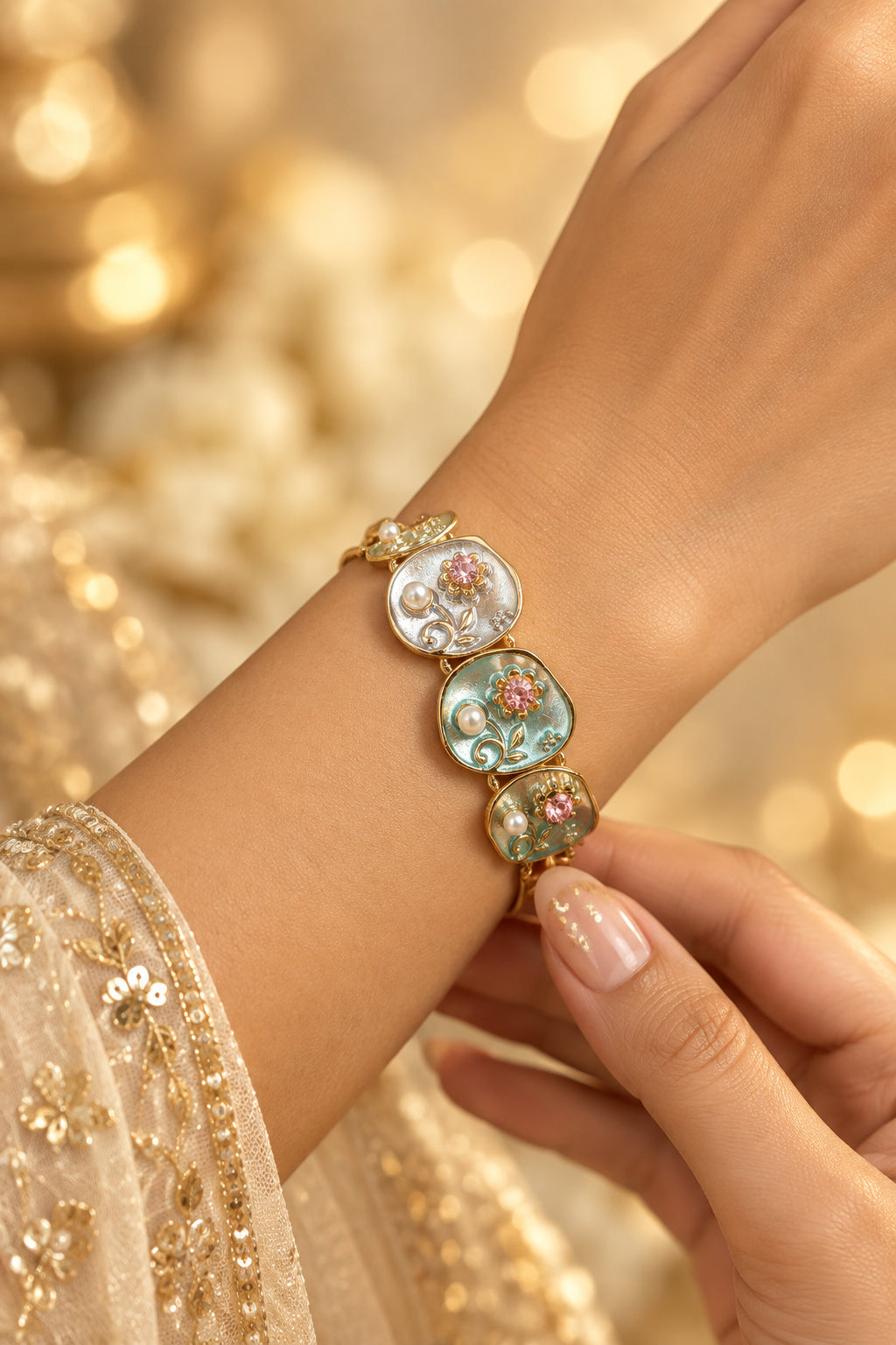 Golden Plated Floral Design Stretchable Bracelets