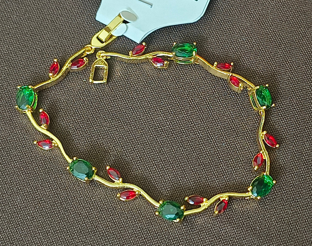 Golden Plated Tulip Chain Bracelet - Green Tulip Red Leaf
