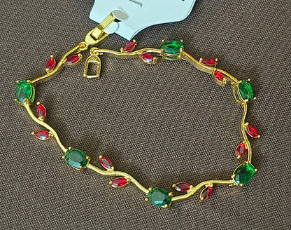 Golden Plated Tulip Chain Bracelet - Green Tulip Red Leaf