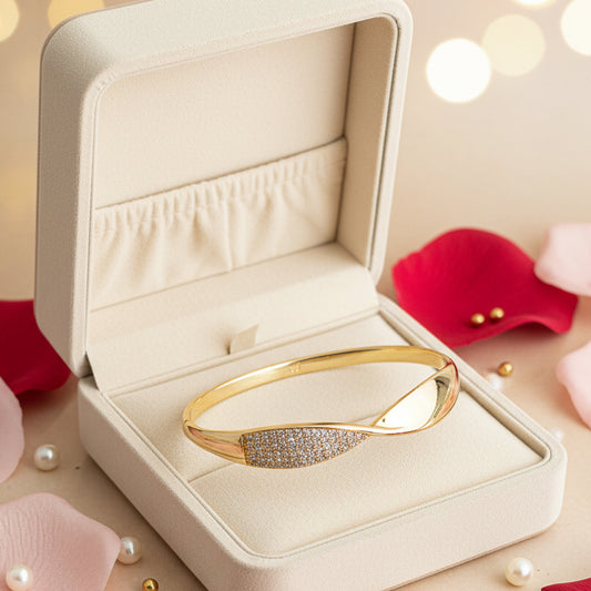 Golden Plated-Twisted Design with White Stones Openable Bracelet