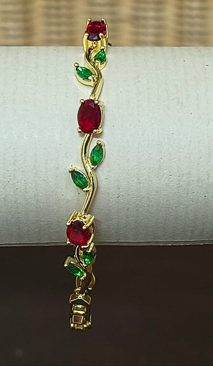 Golden Plated Tulip Chain Bracelet with Red Tulip and Green